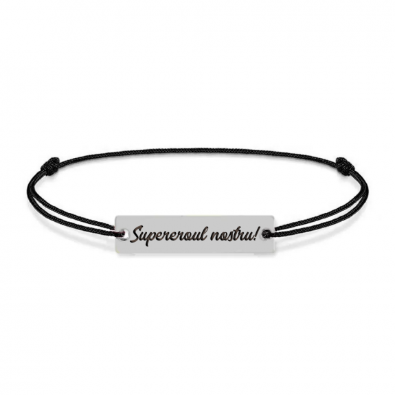 Bratara argint tablita 30 mm si snur negru - personalizata cu text